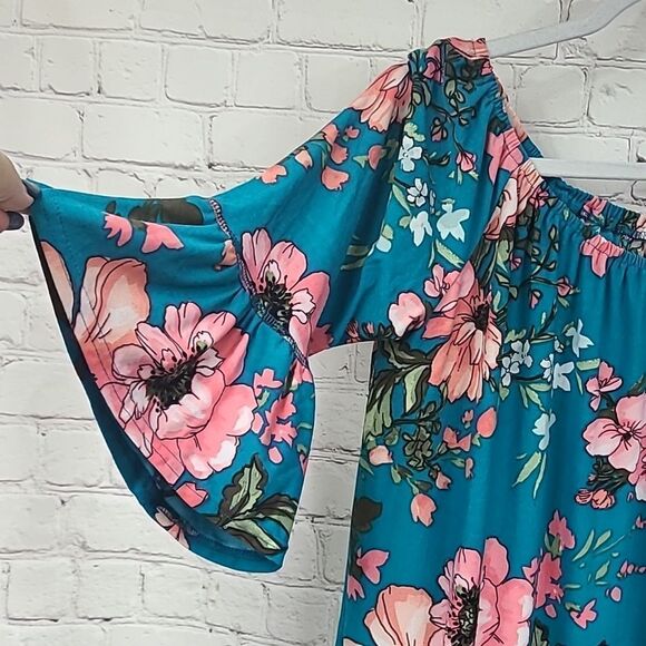 Anthropologie Uncle Frank Super Soft Teal Floral Print Ruffled Shift Midi Dress - Picture 3 of 10